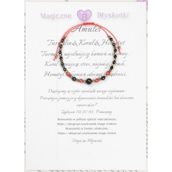 Bransoletka celebrytka czarny TURMALIN KORAL HEMATYT ochrona i spokój